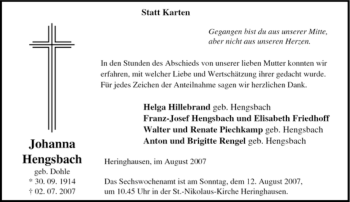 Traueranzeige von Johanna Hengsbach von Tageszeitung