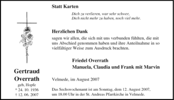 Traueranzeige von Gertraud Overrath von Tageszeitung