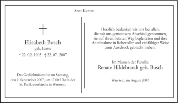 Traueranzeige von Elisabeth Busch von Tageszeitung