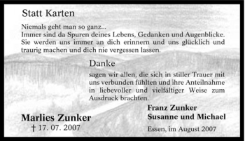 Traueranzeige von Marlies Zunker von Tageszeitung