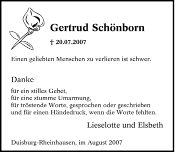 Traueranzeige von Gertrud Schönborn von Tageszeitung