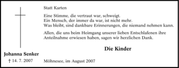Traueranzeige von Johanna Senker von Tageszeitung