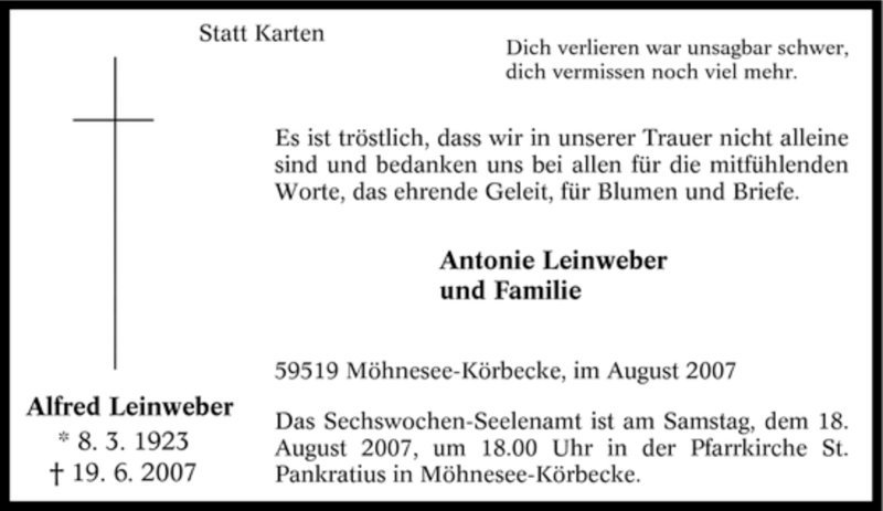  Traueranzeige für Alfred Leinweber vom 04.08.2007 aus Tageszeitung