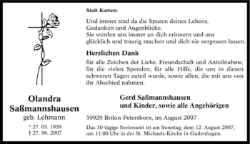 Traueranzeige von Olandra Saßmannshausen von Tageszeitung