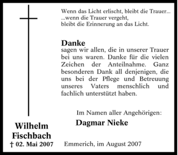 Traueranzeige von Wilhelm Fischbach von Tageszeitung