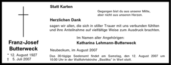 Traueranzeige von Franz-Josef Butterweck von Tageszeitung