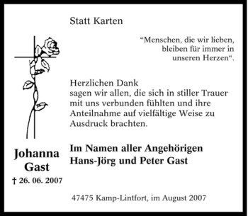 Traueranzeige von Johanna Gast von Tageszeitung