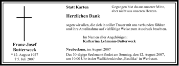 Traueranzeige von Franz-Josef Butterweck von Tageszeitung