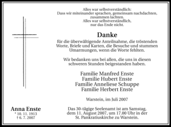 Traueranzeige von Anna Enste von Tageszeitung