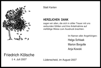 Traueranzeige von Friedrich Kölsche von Tageszeitung