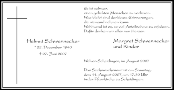 Traueranzeige von Helmut Schwennecker von Tageszeitung