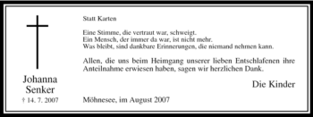 Traueranzeige von Johanna Senker von Tageszeitung