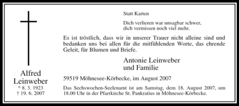  Traueranzeige für Alfred Leinweber vom 04.08.2007 aus Tageszeitung