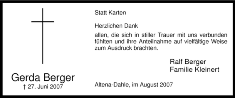  Traueranzeige für Gerda Berger vom 04.08.2007 aus Tageszeitung