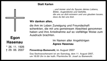 Traueranzeige von Egon Hasenau von Tageszeitung