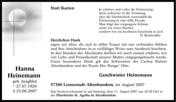 Traueranzeige von Hanna Heinemann von Tageszeitung