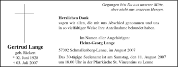 Traueranzeige von Gertrud Lange von Tageszeitung