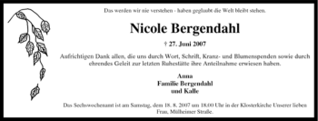 Traueranzeige von Nicole Bergendahl von Tageszeitung