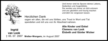 Traueranzeige von Ingrid van Look von Tageszeitung