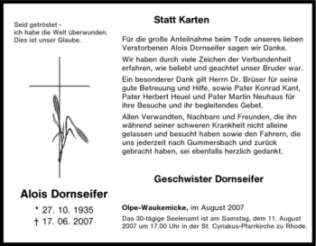 Traueranzeige von Alois Dornseifer von Tageszeitung