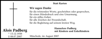 Traueranzeige von Alois Padberg von Tageszeitung