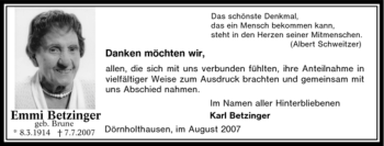 Traueranzeige von Emmi Betzinger von Tageszeitung