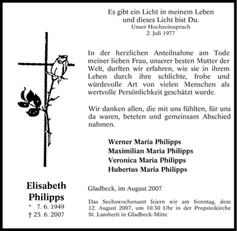  Traueranzeige für Elisabeth Philipps vom 08.08.2007 aus Tageszeitung