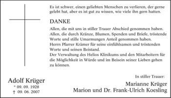 Traueranzeige von Adolf Krüger von Tageszeitung