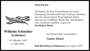 Traueranzeige von Wilhelm Schneider von Tageszeitung