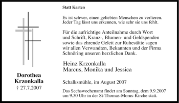Traueranzeige von Dorothea Krzonkalla von Tageszeitung