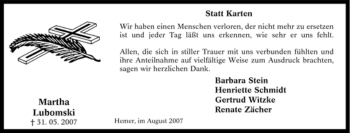 Traueranzeige von Martha Lubomski von Tageszeitung
