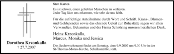 Traueranzeige von Dorothea Krzonkalla von Tageszeitung