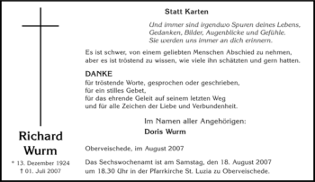 Traueranzeige von Richard Wurm von Tageszeitung