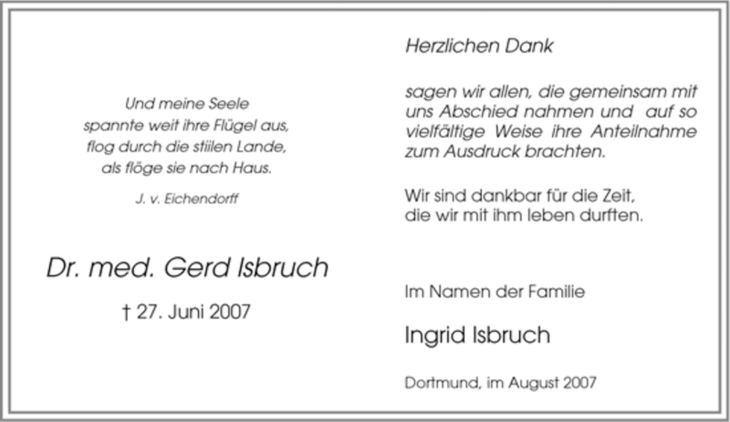  Traueranzeige für Gerd Isbruch vom 11.08.2007 aus Tageszeitung