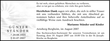 Traueranzeige von Günter Ständer von Tageszeitung