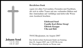 Traueranzeige von Johann Send von Tageszeitung