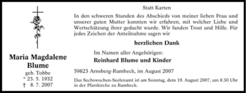 Traueranzeige von Maria Magdalene Blume von Tageszeitung
