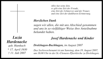 Traueranzeige von Luzia Hardenacke von Tageszeitung