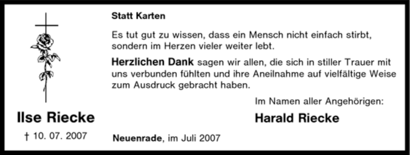  Traueranzeige für Ilse Riecke vom 11.08.2007 aus Tageszeitung