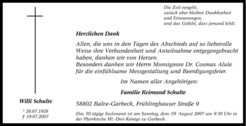 Traueranzeige von Willi Schulte von Tageszeitung