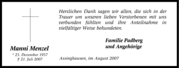 Traueranzeige von Manni Menzel von Tageszeitung