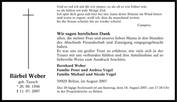 Traueranzeige von Bärbel Weber von Tageszeitung
