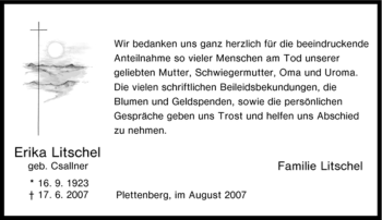 Traueranzeige von Erika Litschel von Tageszeitung