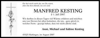 Traueranzeige von Manfred Kesting von Tageszeitung