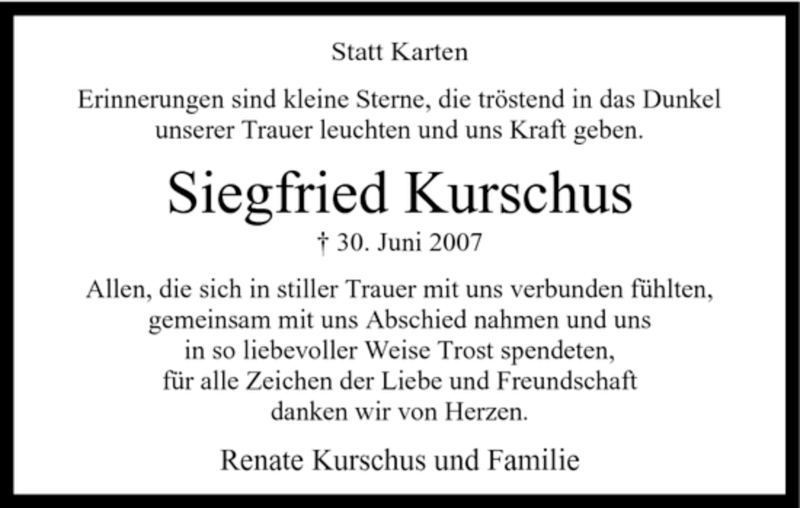  Traueranzeige für Siegfried Kurschus vom 11.08.2007 aus Tageszeitung