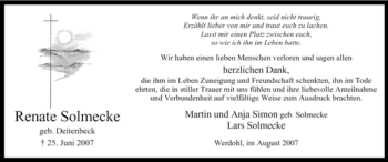 Traueranzeige von Renate Solmecke von Tageszeitung