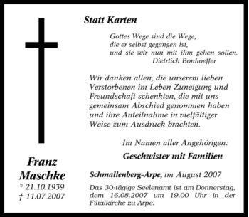 Traueranzeige von Franz Maschke von Tageszeitung
