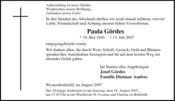 Traueranzeige von Paula Gördes von Tageszeitung