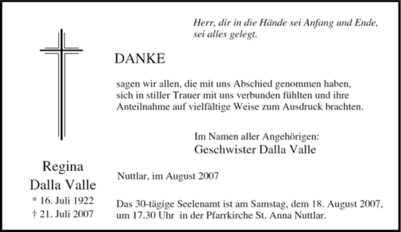  Traueranzeige für Regina Dalla Valle vom 13.08.2007 aus Tageszeitung