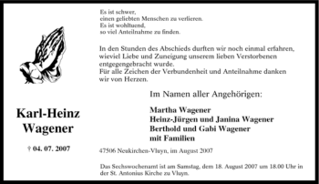 Traueranzeige von Karl-Heinz Wagener von Tageszeitung